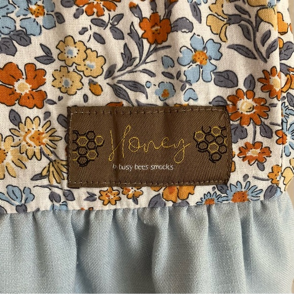 Busy Bee Smocks Honey Floral Ruffle Hem Romper Overalls Blue Rust Gold 18M - Picture 6 of 11